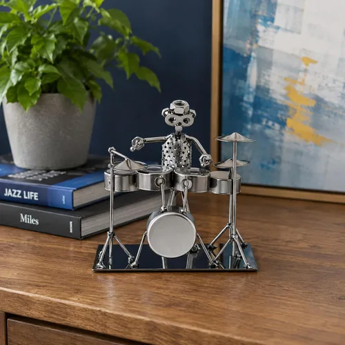 Vista 2 de Broadway Gifts - Figura de batería de metal plateado de 7 pulgadas, músico Steampunk