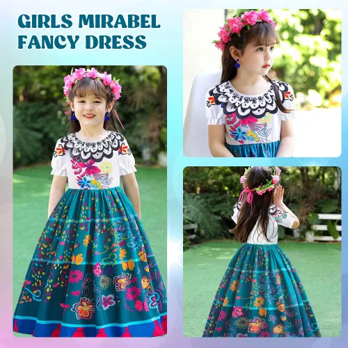 Vista 6 de TOLOYE Vestido de Encanto para niñas, disfraz de Mirabel, princesa Isabella, ropa con accesorios para fiesta de cumpleaños, cosplay