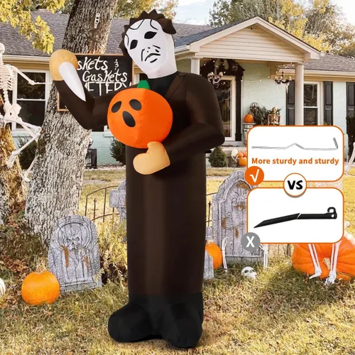 Vista 4 de COMIN Asesino de calabazas inflable de Halloween de 6 pies con LED incorporados, decoración de patio para fiestas de vacaciones en interiores