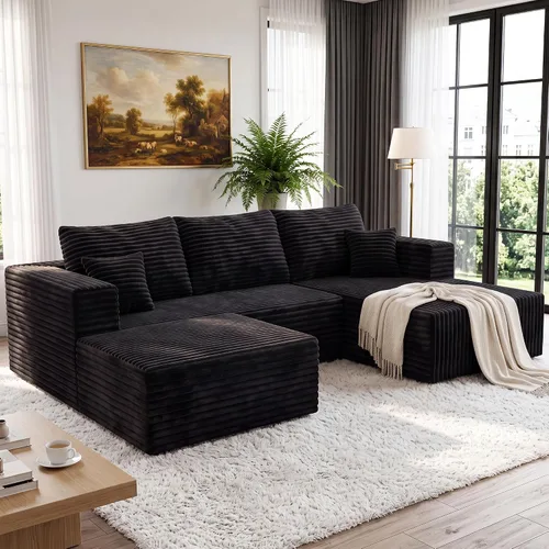 Vista 26 de Sofá modular en forma de L para sala de estar, sofá modular sin huesos con diván, sofá de pana con asiento profundo, no requiere montaje, negro