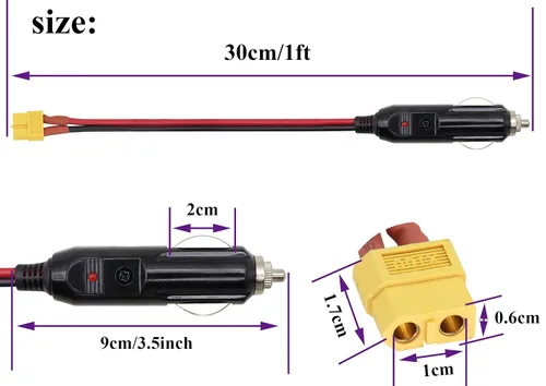Vista 2 de Paquete de 2 cables 16AWG XT60 a encendedor de cigarrillos, enchufe macho de 12 V a XT60 hembra, cable de extensión compatible con cable de carga