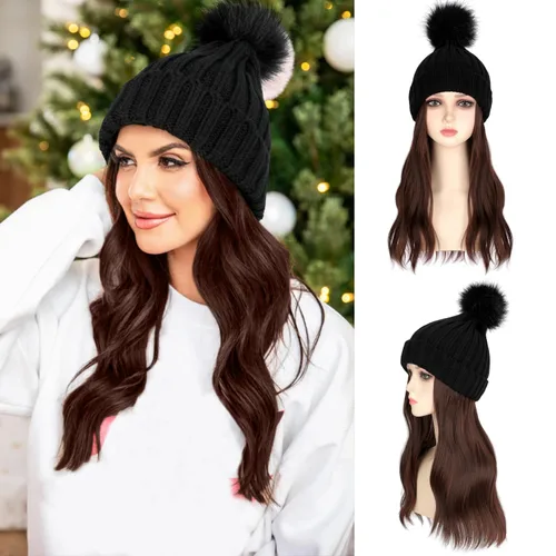 Vista 8 de Gorro de peluca con extensiones de cabello largo ondulado – Gorro de punto acanalado con pompón unido 14 pulgadas rizado sintético postizo