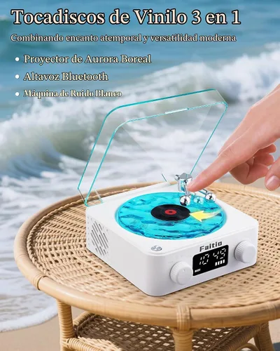 Vista 8 de Waves Altavoz Bluetooth de Vinilo, Estilo Reproductor de Discos de Vinilo con Ruido Blanco de Sonido Oceánico, Altavoces Bluetooth Retro con Luz