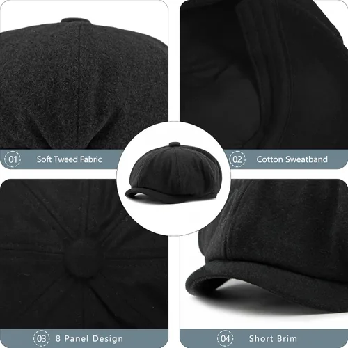 Vista 3 de meioro Hombres 8 Panel Newsboy Cap Vintage Tweed Flat Cap Irish Newsies Hat Gatsby Cabbie Caps Paperboy Classic Winter Hats