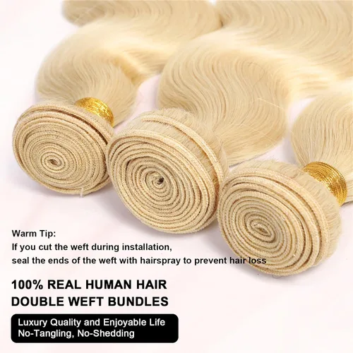 Vista 7 de Mechones de cabello humano 613, 14" 16" 18" 300g, 12A rubio ondulado, 100% cabello humano real, vida útil 3 veces más larga, 100% cabello virgen