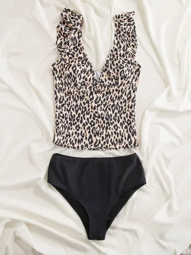 Vista 5 de Floerns Conjunto de bikini de 2 piezas para mujer, traje de baño de cintura alta con ribete de volantes