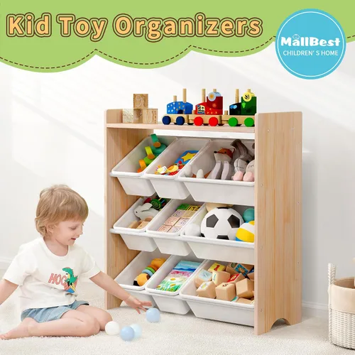Vista 4 de MallBest Organizador de juguetes para niños con 9 contenedores – Estante de almacenamiento de 4 niveles 100% madera maciza para sala