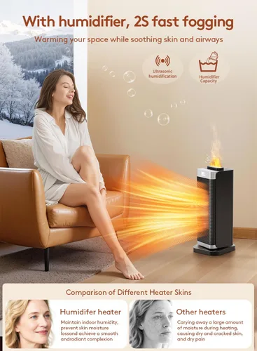 Vista 3 de Calentadores de espacio para uso en interiores, calentador de espacio portátil con humidificador/luz ambiental, calentadores eléctricos seguros