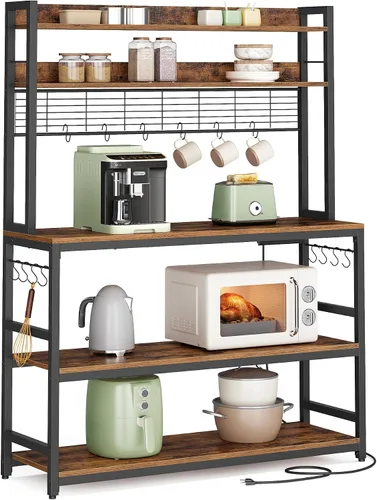 Vista 9 de VASAGLE Estante de panadería con toma de corriente, soporte para microondas, estante de almacenamiento alto de cocina, con panel de alambre