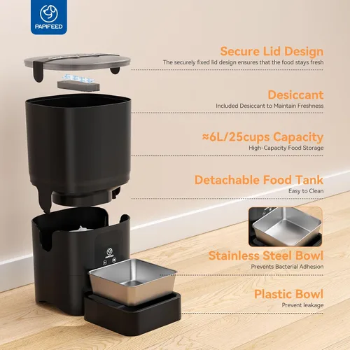 Vista 7 de PAPIFEED Comedero automático para gatos con aplicación, dispensador de comida WiFi de 2.4 G, alimentador para gatos con temporizador de 6 litros