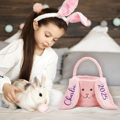 Vista 6 de Cesta de Pascua personalizada, cubos de Pascua con orejas de conejito de peluche personalizados para niños, huevos, caza, fiesta de Pascua, bolsa