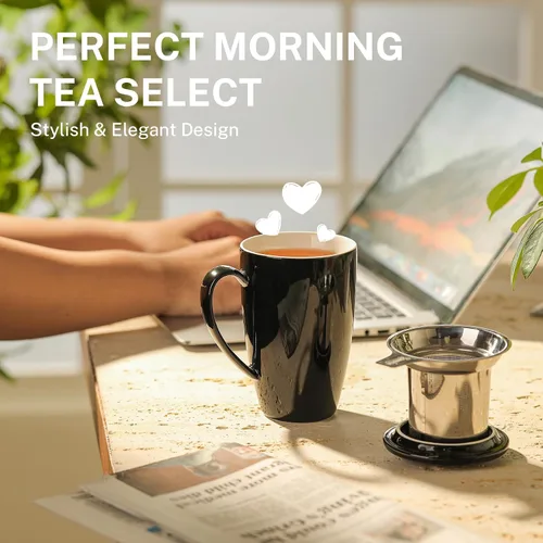 Vista 5 de Sweese Taza de té de porcelana de 15 onzas con infusor y tapa, taza de té de hojas sueltas, regalos para amantes del té, color negro