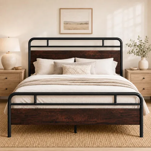 Vista 13 de Allewie Base de cama de plataforma de tamaño completo con cabecera y pie de cama de madera, soporte de 13 listones de metal resistente Roble negro