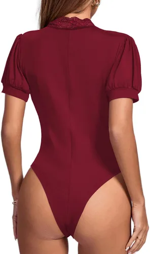 Vista 2 de LYANER Body de manga corta abombada con cuello en V y ribete de encaje para mujer