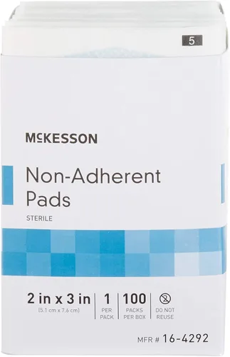 Vista 7 de McKesson, compresas no adherentes, estériles, Nylon/Poliéster, 2 x 3 pulgadas, 100 unidades, 1 paquete Altamente absorbente, eliminación indolora