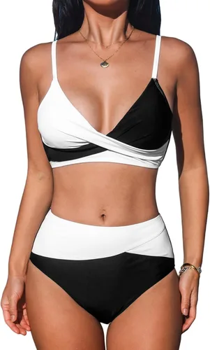 Vista 18 de CUPSHE Conjunto de bikini de dos piezas con cuello en V y cintura alta para Negro/Verde