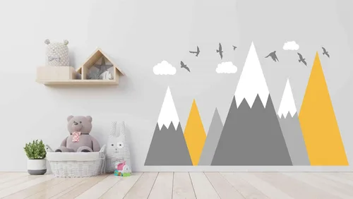 Vista 4 de Vinilo adhesivo de pared de montaña, para habitación de bebé, guardería, tema de aventura, pájaros nubes, BA972 (color 1 amarillo, 71 x 43 pulgadas)
