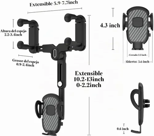 Vista 7 de Soporte de teléfono de coche para espejo retrovisor, giratorio 360° y retráctil, se adapta a teléfonos inteligentes de 4.0 a 7.0 pulgadas, espejo