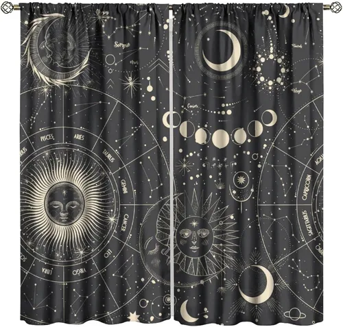 Vista 26 de Cortinas opacas con diseño de sol y luna, cuerpos celestes bohemios, con diseño de sol, luna y estrellas, para sala de estar, dormitorio, 42 x 45