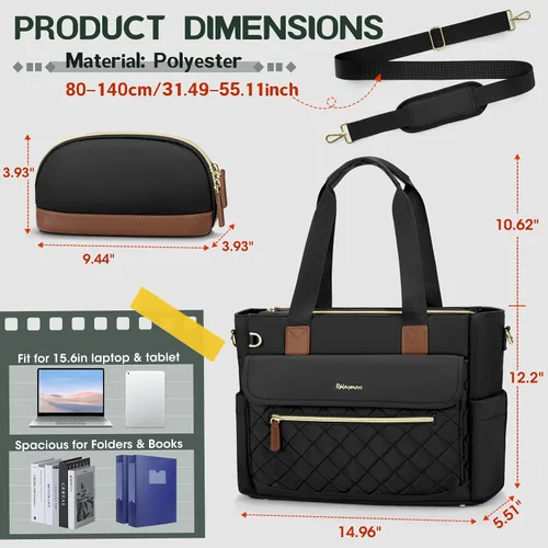 Vista 4 de RAINSMORE Bolsa de mano para profesores de 15.6 pulgadas para laptop para mujeres con bolsa pequeña, bolsas de trabajo, bolsa de enfermera, maletín