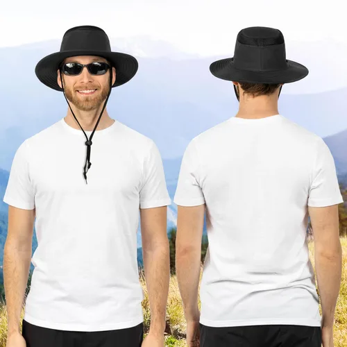 Vista 2 de SUN CUBE Sombrero de ala ancha para hombres y mujeres, protección solar UV, sombrero de safari para senderismo