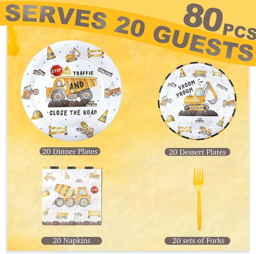 Vista 3 de Juego de decoraciones de fiesta de cumpleaños de construcción, platos, servilletas y tenedores para 20 invitados, vajilla desechable con temática