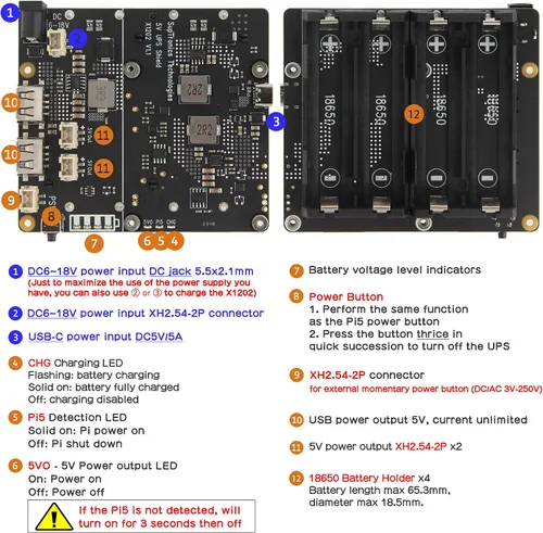 Vista 3 de Geekworm X1202 - Placa de expansión UPS de 5 V para Raspberry Pi 5, entrada ancha de 6-18 V Max 5.1V 5A Output, Power Management, Auto Power On