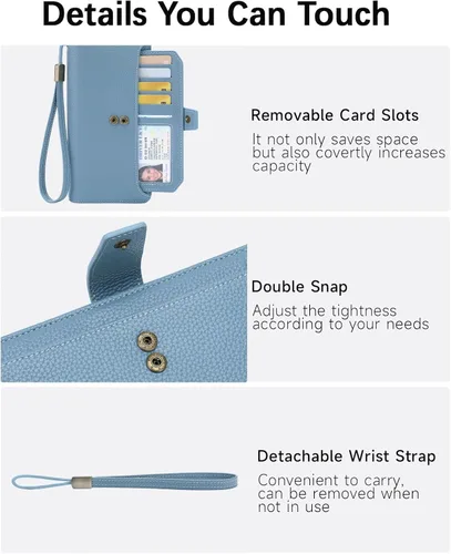 Vista 5 de GOIACII Cartera para mujer, de gran capacidad, con bloqueo RFID, para teléfono, tarjetero de embrague, cartera larga de viaje, color azul