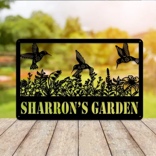 Vista 4 de MeMate Letreros de jardín de colibríes, letreros de jardín de flores para personalizar, letreros de metal personalizados con colibrí, arte de pared