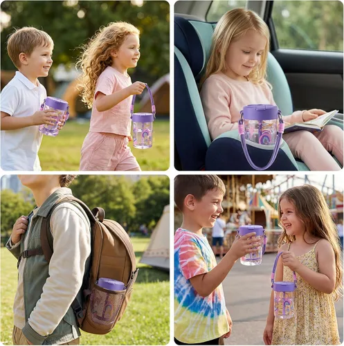 Vista 4 de GOSWAG Botella de agua para niños de 16 onzas con tapa con popote, botella Sueño estrellado