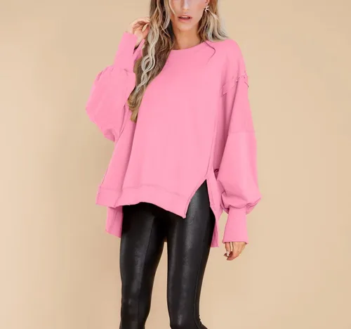 Vista 3 de BWQ Sudadera de gran tamaño para mujer, cuello redondo, manga larga, sin botones