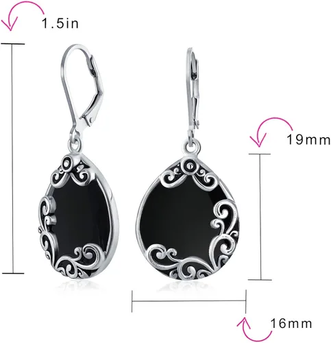Vista 4 de Aretes colgantes de plata de ley 925 oxidados con diseño de filigrana y piedra natal del oeste de estilo bohemio con piedras natales semipreciosas