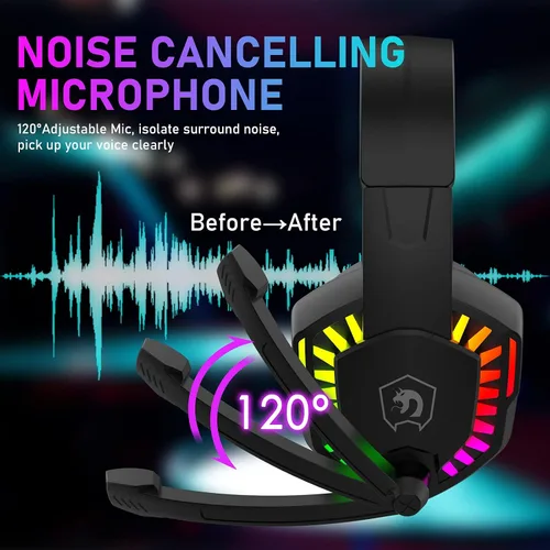 Vista 6 de Auriculares con cable para juegos con retroiluminación RGB arco iris, micrófono retráctil con aislamiento de ruido, sonido estéreo, graves