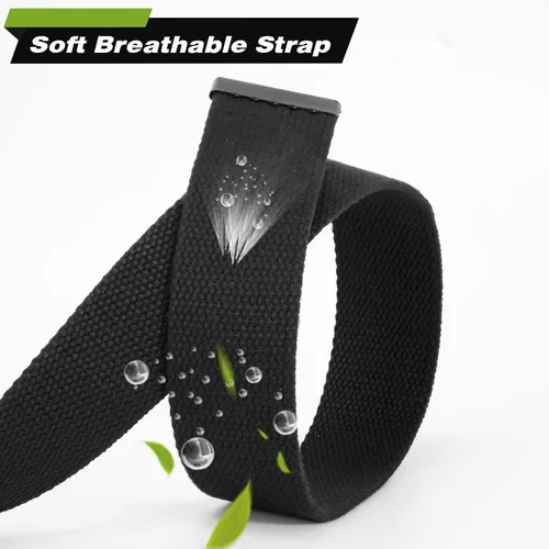 Vista 2 de WHIPPY Cinturón de tela con hebilla militar de color negro sólido, tapa abatible, totalmente ajustable, para hombre, con corte a medida