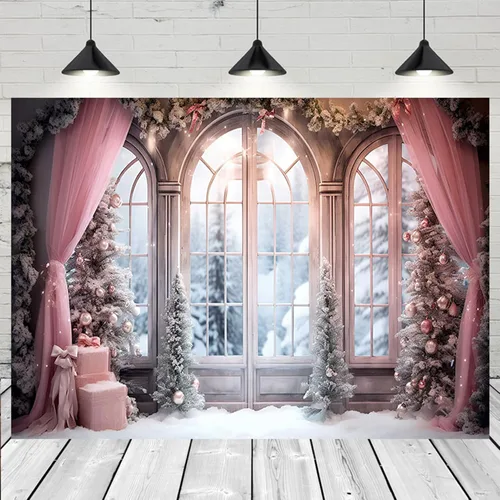 Vista 4 de Cortina rosa de invierno, fondo fotográfico de Navidad, invierno, nieve, bosque, ventana, fondo de fotografía, decoración de fiesta familiar, baby
