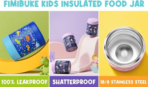 Vista 9 de Fimibuke Lonchera Bento para niños con 4 compartimentos, bolsa de almuerzo aislada, tarro térmico de acero inoxidable al vacío, paquete de hielo