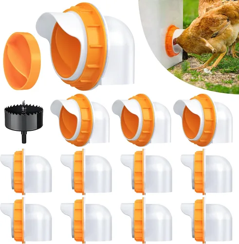 Vista 10 de 8 Chicken Feeder Ports,DIY Poultry Feeder Cups with Lids & Drill Bit,Orange Alimentadores automáticos impermeables del pollo de la gravedad ningún
