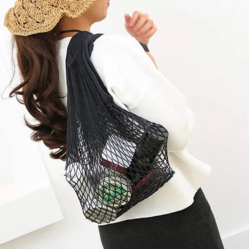 Vista 4 de Green Handle US - Bolsa de red de malla con asa de hombro larga, elástica, reutilizable, para compras, almacenamiento de juguetes de playa