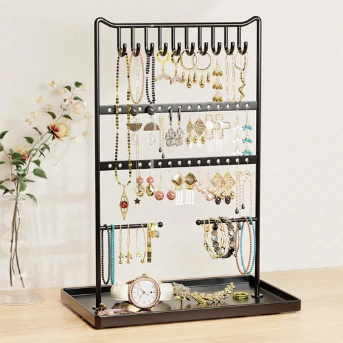 Vista 2 de bussdis Organizador de joyas, soporte para aretes, soporte para pulseras, organizadores de exhibición y almacenamiento de collares, torre negra
