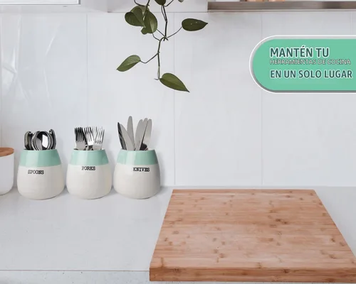Vista 4 de Comfify Honeypot - Soporte para cubiertos de cerámica – Juego de 3 – Bandeja de cubiertos de granja verde salvia y blanco para encimera de cocina
