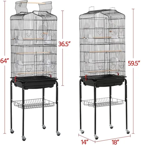 Vista 3 de Yaheetech - Jaula para pájaros con tapa abierta, 64 pulgadas, para periquitos y cacatúas, color negro Detachable Rolling Stand, Easy-clean Slide