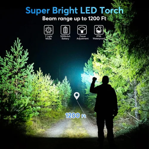 Vista 2 de JIJ Paquete de 3 linternas, linternas recargables de alto lúmenes, linterna LED de 7 modos con IP67 impermeable, linterna táctica de mano ajustable