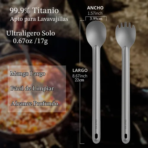 Vista 2 de OUTXE Spork y Cuchara de Mango Largo de Titanio, Juego de Camping de 8.7 Pulgadas
