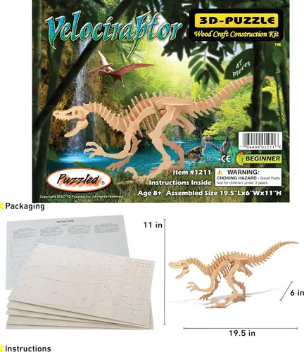 Vista 2 de Puzzled Rompecabezas 3D Velociraptor Dinosaurio Madera Kit de Construcción Divertido Único y Educativo DIY Juguete de Dino de Madera Montar