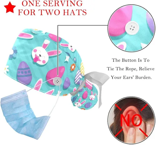 Vista 3 de Lindo gorro de trabajo con botón y banda para el sudor, 2 unidades, reutilizables, para cirugía quirúrgica, soporte para cola de caballo