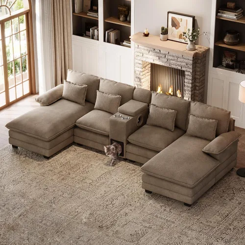 Vista 18 de Sofá nube en forma de U de 130 pulgadas con casa para gatos, sofá modular de gran tamaño para sala de estar, cómodo sofá grande de chenilla, juego
