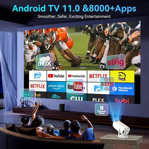 Vista 6 de Proyector HY300 con WIFI6 y Bluetooth, soporte 4K 1080P con Android TV 11.0, mini proyector portátil giratorio 180°, proyector de película auto