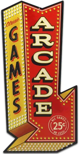 Vista 8 de Cartel de metal arqueado de juegos y premios de arcade – Cartel arcade vintage para sala de juegos, cueva de hombre o habitación de adolescentes