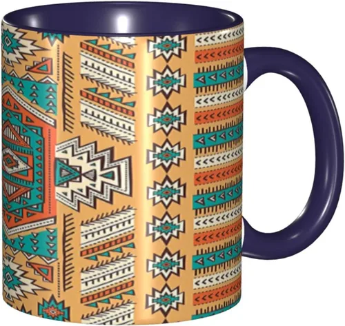 Vista 11 de Taza de café grande de cerámica, taza única tribal, patrón de tribu secreta azteca india, bohemio, 11 onzas, para oficina y hogar, naranja y verde
