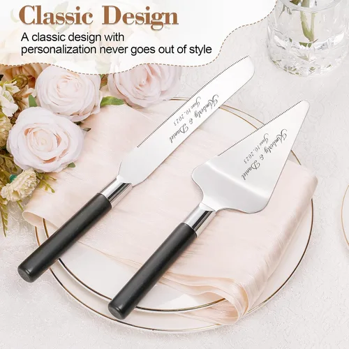 Vista 4 de Juego de corte de pasteles personalizado para bodas, cuchillos de pastel y servidor, grabado gratis, cortador de pastel de postre de madera Plateado